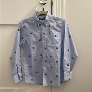 IZOD Long Sleeve Light Blue Seersucker Print with Red Lobsters Boys Size 7